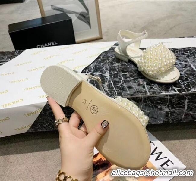 Top Quality Chanel Calfskin & Pearls Flat Sandals With Strap G61005 White 2020