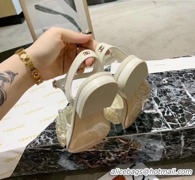 Top Quality Chanel Calfskin & Pearls Flat Sandals With Strap G61005 White 2020