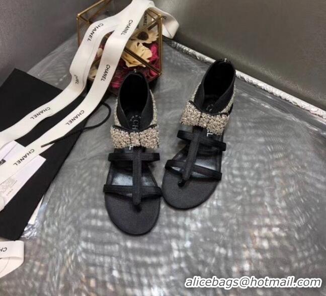 Buy Discount Chanel Grosgrain & Crystal Bow Sandals G61011 Black 2020