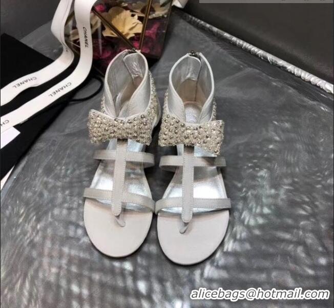 Top Quality Chanel Grosgrain & Crystal Bow Sandals G61011 White 2020