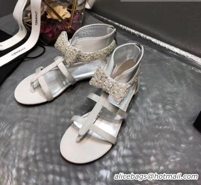 Top Quality Chanel Grosgrain & Crystal Bow Sandals G61011 White 2020