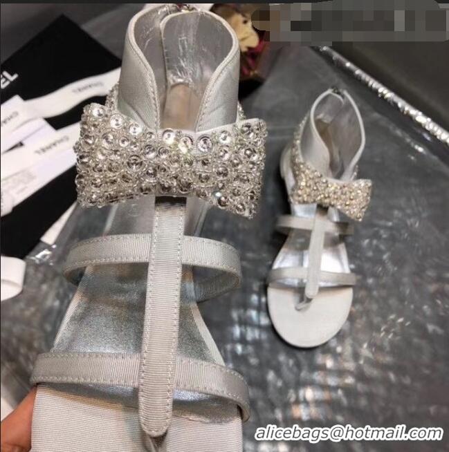 Top Quality Chanel Grosgrain & Crystal Bow Sandals G61011 White 2020