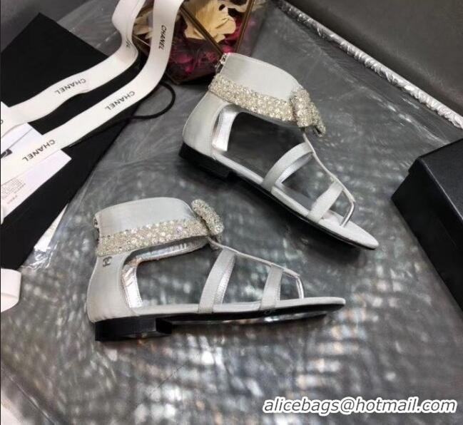 Top Quality Chanel Grosgrain & Crystal Bow Sandals G61011 White 2020