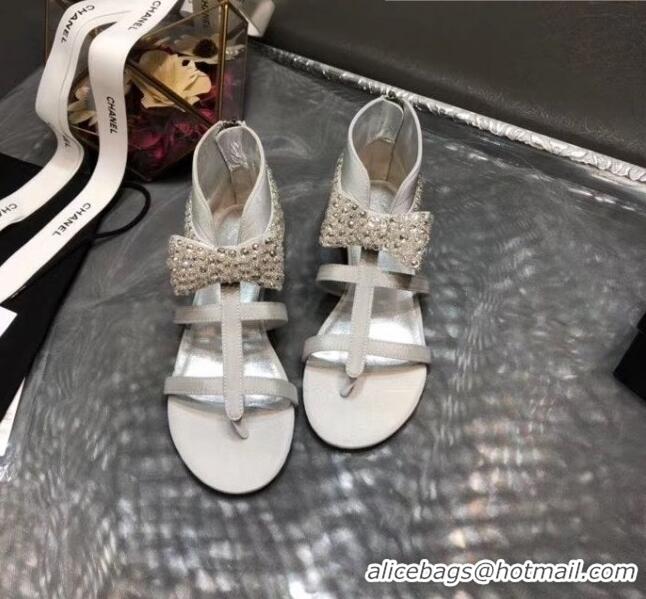 Top Quality Chanel Grosgrain & Crystal Bow Sandals G61011 White 2020