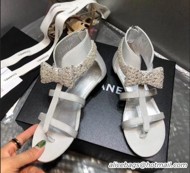 Top Quality Chanel Grosgrain & Crystal Bow Sandals G61011 White 2020