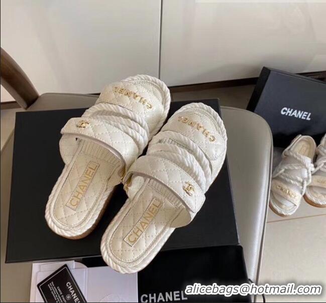 Free Shipping Discount Chanel Flat Cord Slide Sandals G34603 White 2020