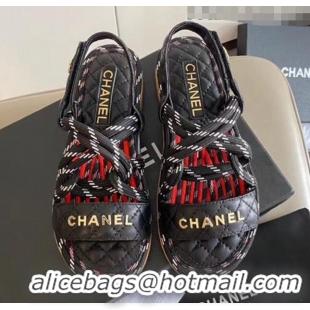 High Quality Chanel Cord Flat Sandals G34602 Black/Red 2020