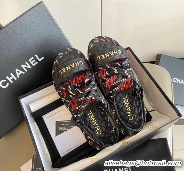 High Quality Chanel Cord Flat Sandals G34602 Black/Red 2020