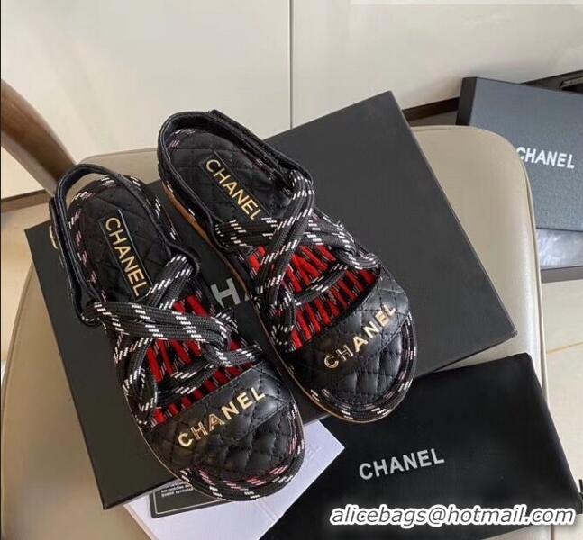 High Quality Chanel Cord Flat Sandals G34602 Black/Red 2020