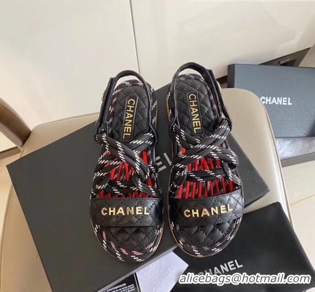 High Quality Chanel Cord Flat Sandals G34602 Black/Red 2020