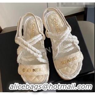 Top Quality Chanel Cord Flat Sandals G34602 White/beige 2020