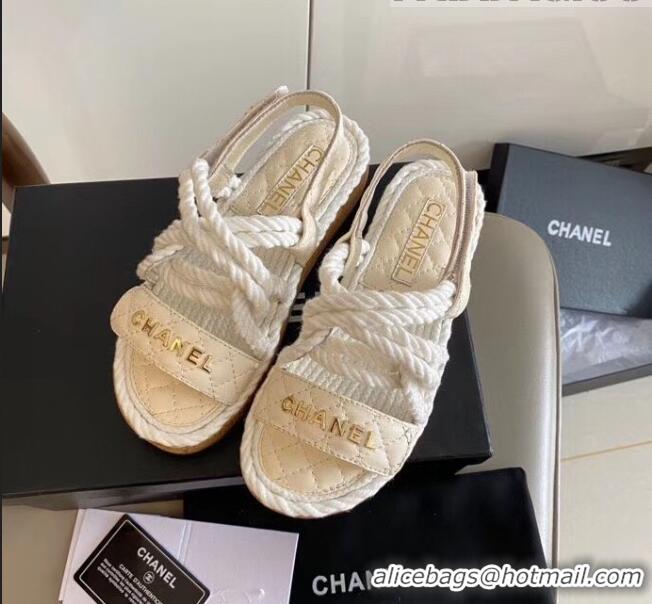 Top Quality Chanel Cord Flat Sandals G34602 White/beige 2020