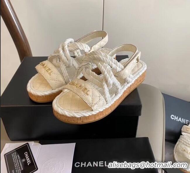 Top Quality Chanel Cord Flat Sandals G34602 White/beige 2020