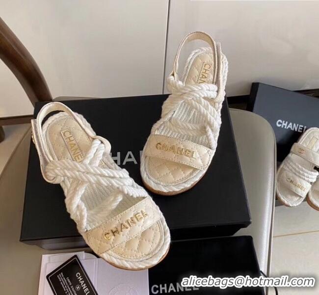 Top Quality Chanel Cord Flat Sandals G34602 White/beige 2020