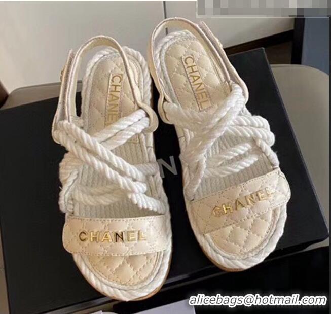 Top Quality Chanel Cord Flat Sandals G34602 White/beige 2020