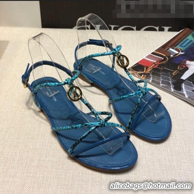 New Design Louis Vuitton Sunseeker Snakeskin Leather Strap Flat Sandal G2421 Blue 2020