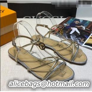 Discount Louis Vuitton Sunseeker Metallic Leather Strap Flat Sandal G2421 Silver 2020