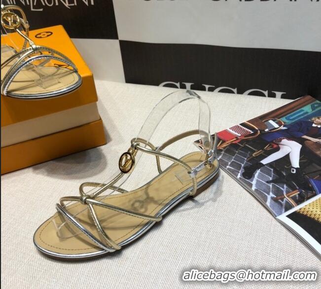 Discount Louis Vuitton Sunseeker Metallic Leather Strap Flat Sandal G2421 Silver 2020