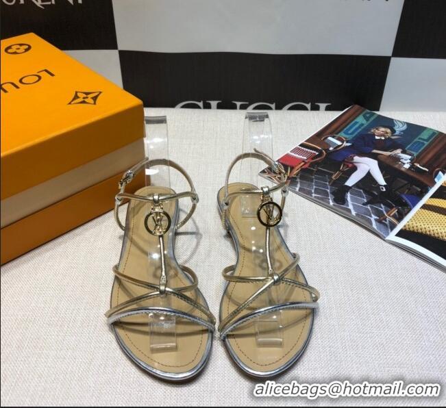 Discount Louis Vuitton Sunseeker Metallic Leather Strap Flat Sandal G2421 Silver 2020