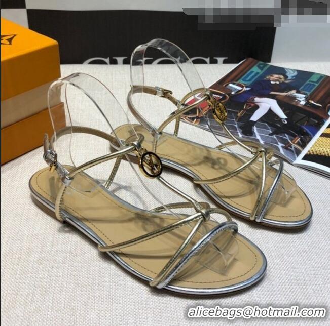 Discount Louis Vuitton Sunseeker Metallic Leather Strap Flat Sandal G2421 Silver 2020