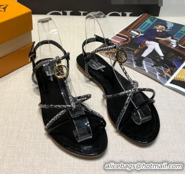 New Stylish Louis Vuitton Sunseeker Snakeskin Leather Strap Flat Sandal G2421 Black 2020