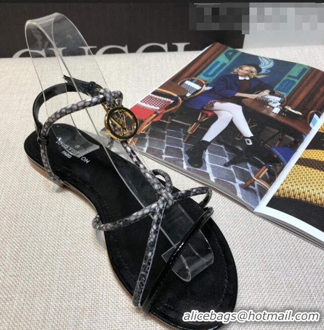 New Stylish Louis Vuitton Sunseeker Snakeskin Leather Strap Flat Sandal G2421 Black 2020