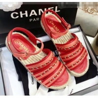 Cheapest Chanel Lambskin Flat Sandals With Chains G35931 Red 2020