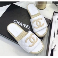 Cheapest Chanel CC Logo Lambskin Espadrilles Mules Sandals G35603 White/Beige 2020