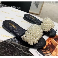 Free Shipping Chanel Calfskin & Pearls Mules Sandals 61003 Black 2020