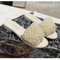 Top Quality Chanel Calfskin & Pearls Mules Sandals 61003 White 2020