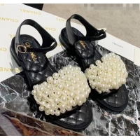 Discount Chanel Calfskin & Pearls Flat Sandals With Strap G61005 Black 2020