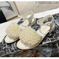 Top Quality Chanel Calfskin & Pearls Flat Sandals With Strap G61005 White 2020