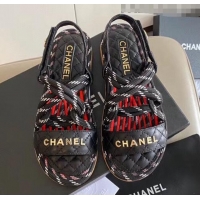 High Quality Chanel Cord Flat Sandals G34602 Black/Red 2020