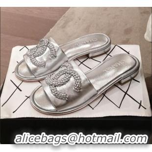 Low Price Chanel Chain CC Metallic Leather Flat Mules Slide Sandals G35532 Silver 2020