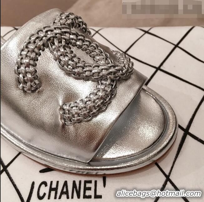 Low Price Chanel Chain CC Metallic Leather Flat Mules Slide Sandals G35532 Silver 2020