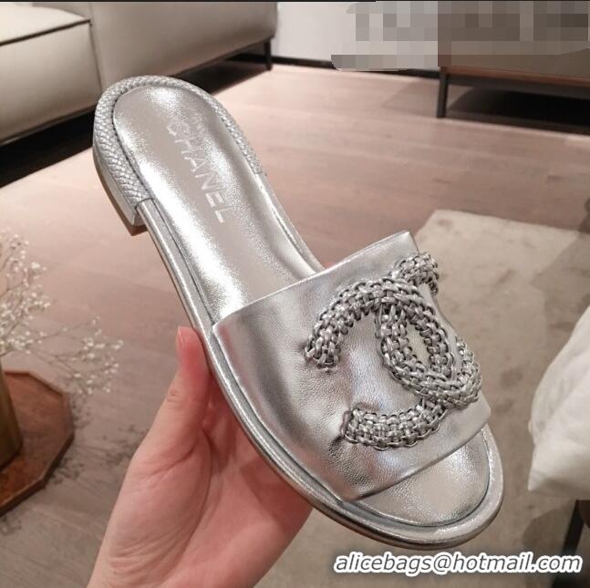 Low Price Chanel Chain CC Metallic Leather Flat Mules Slide Sandals G35532 Silver 2020