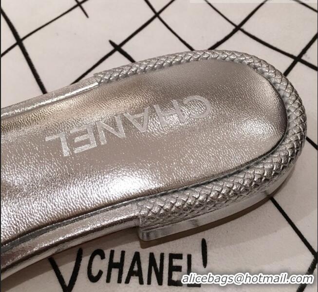 Low Price Chanel Chain CC Metallic Leather Flat Mules Slide Sandals G35532 Silver 2020