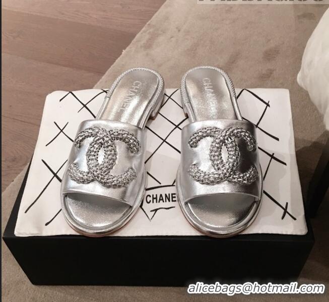 Low Price Chanel Chain CC Metallic Leather Flat Mules Slide Sandals G35532 Silver 2020