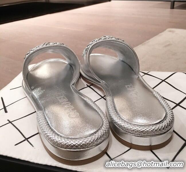 Low Price Chanel Chain CC Metallic Leather Flat Mules Slide Sandals G35532 Silver 2020