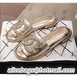 Discount Chanel Chain CC Metallic Leather Flat Mules Slide Sandals G35532 Gold 2020