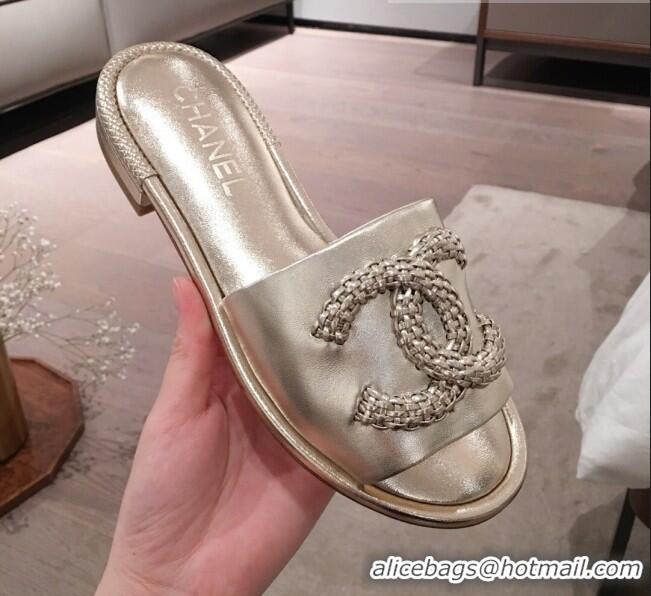 Discount Chanel Chain CC Metallic Leather Flat Mules Slide Sandals G35532 Gold 2020