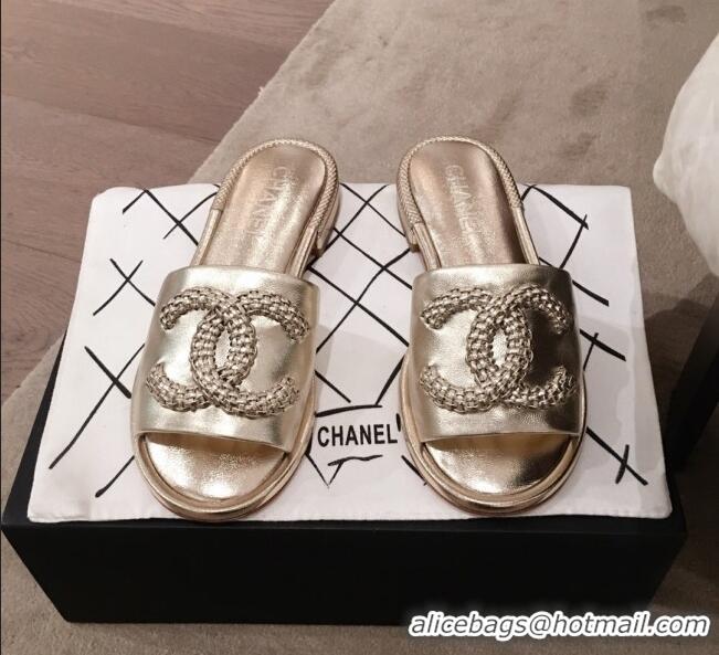 Discount Chanel Chain CC Metallic Leather Flat Mules Slide Sandals G35532 Gold 2020