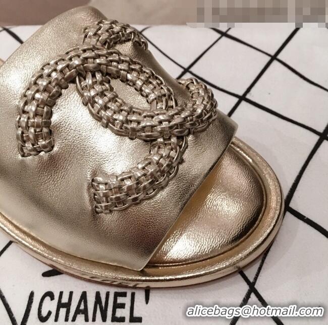 Discount Chanel Chain CC Metallic Leather Flat Mules Slide Sandals G35532 Gold 2020