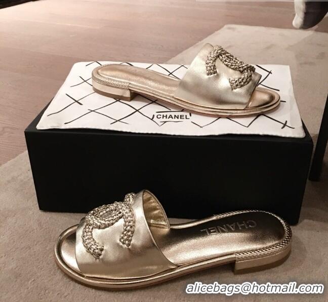 Discount Chanel Chain CC Metallic Leather Flat Mules Slide Sandals G35532 Gold 2020