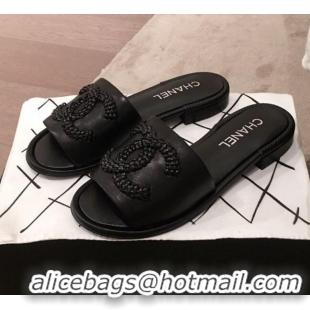 New Cheap Chanel Chain CC Lambskin Flat Mules Slide Sandals G35532 Black 2020