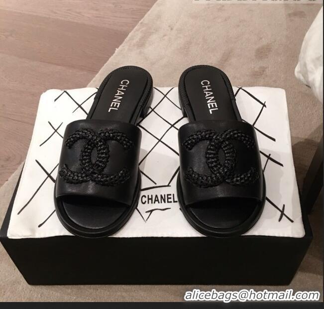 New Cheap Chanel Chain CC Lambskin Flat Mules Slide Sandals G35532 Black 2020