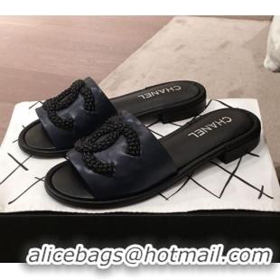 Low Cost Chanel Chain CC Lambskin Flat Mules Slide Sandals G35532 Navy Blue 2020