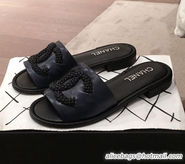 Low Cost Chanel Chain CC Lambskin Flat Mules Slide Sandals G35532 Navy Blue 2020