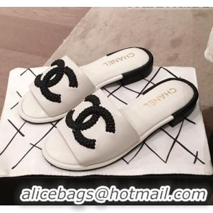 Inexpensive Chanel Chain CC Lambskin Flat Mules Slide Sandals G35532 White 2020