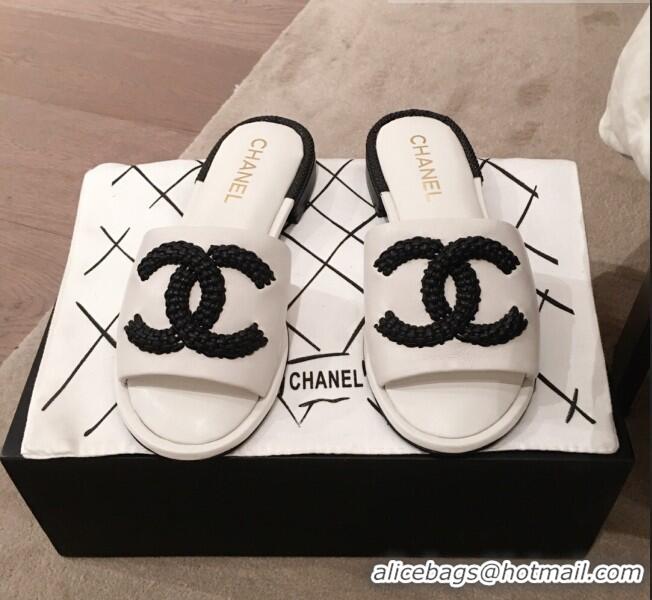 Inexpensive Chanel Chain CC Lambskin Flat Mules Slide Sandals G35532 White 2020